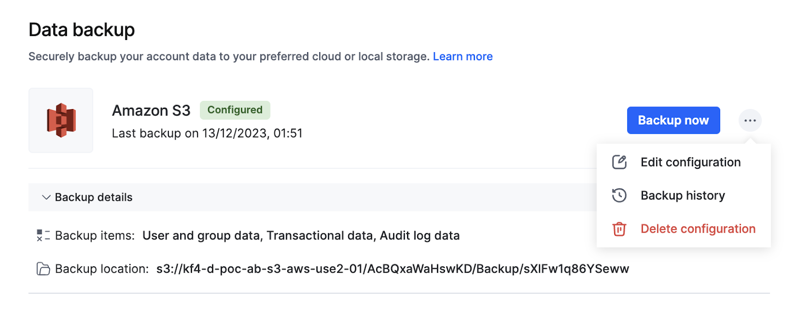Data backup page showing options to edit, delete, or view backup history for a saved configuration