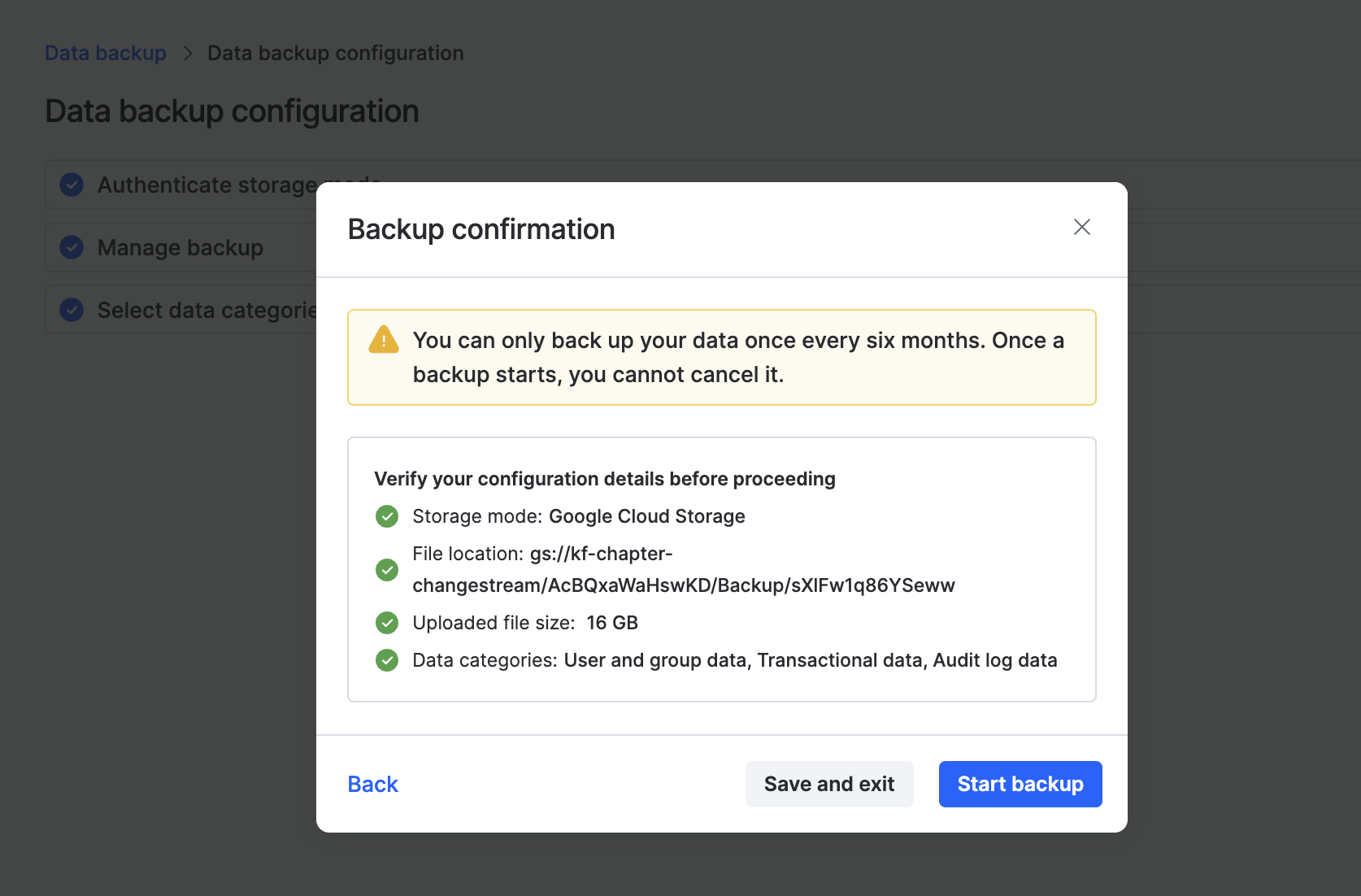 Backup confirmation popup showing configuration details and the Start backup button