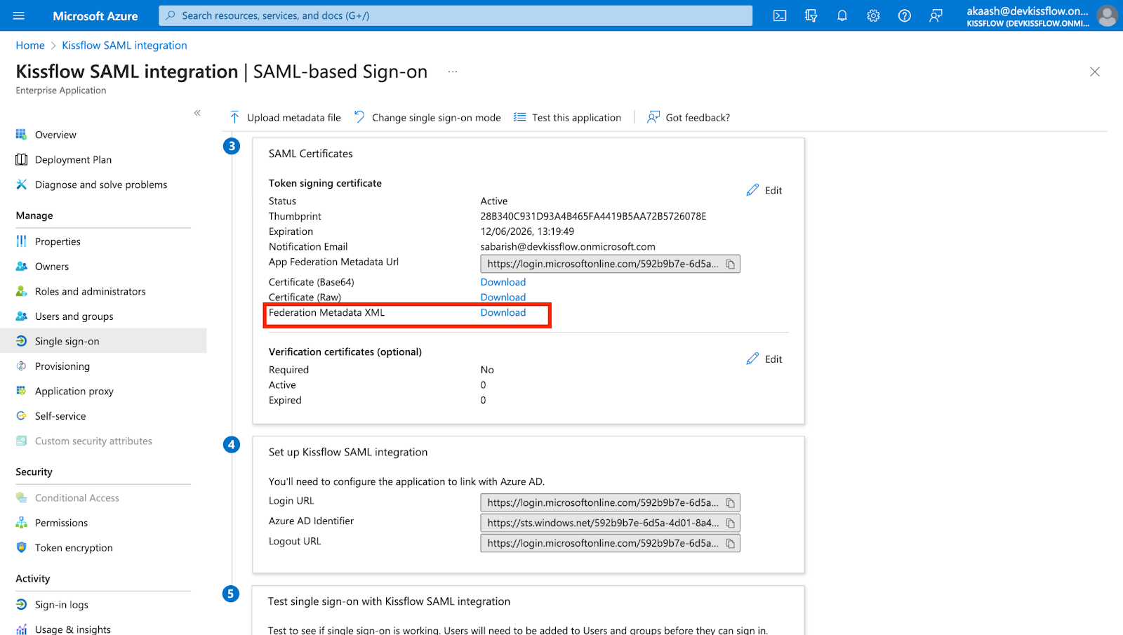 Entra ID Federation Metadata XML section with the Download link