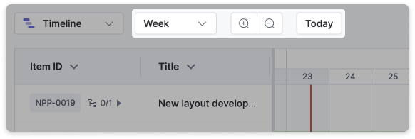 Interval dropdown in the timeline layout showing the hour to year options