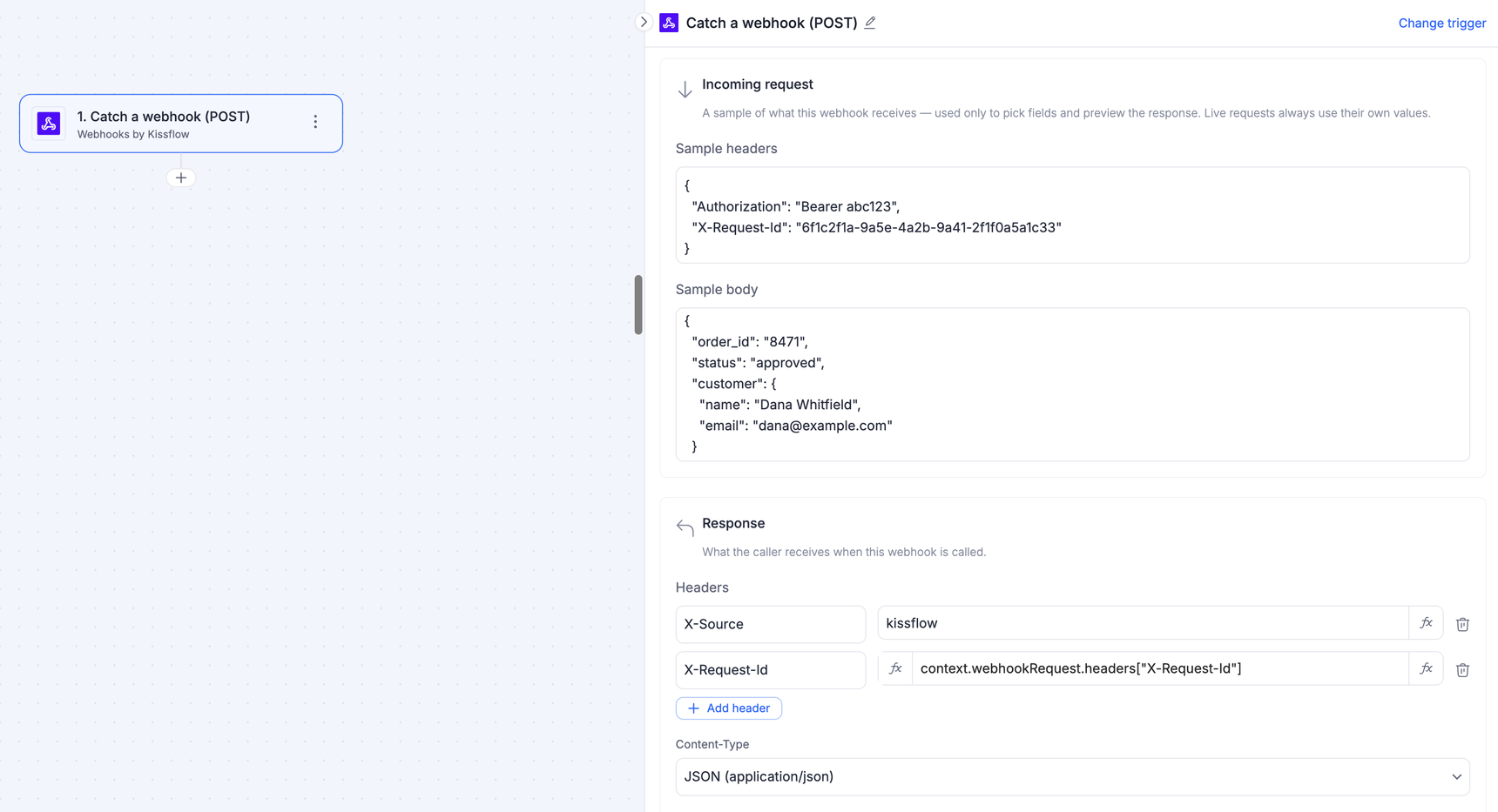 The Incoming request section with sample headers and a sample body, and the Response section below it