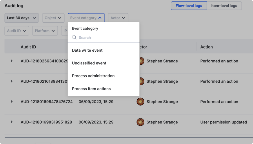 Event category filter listing categories relevant to a flow
