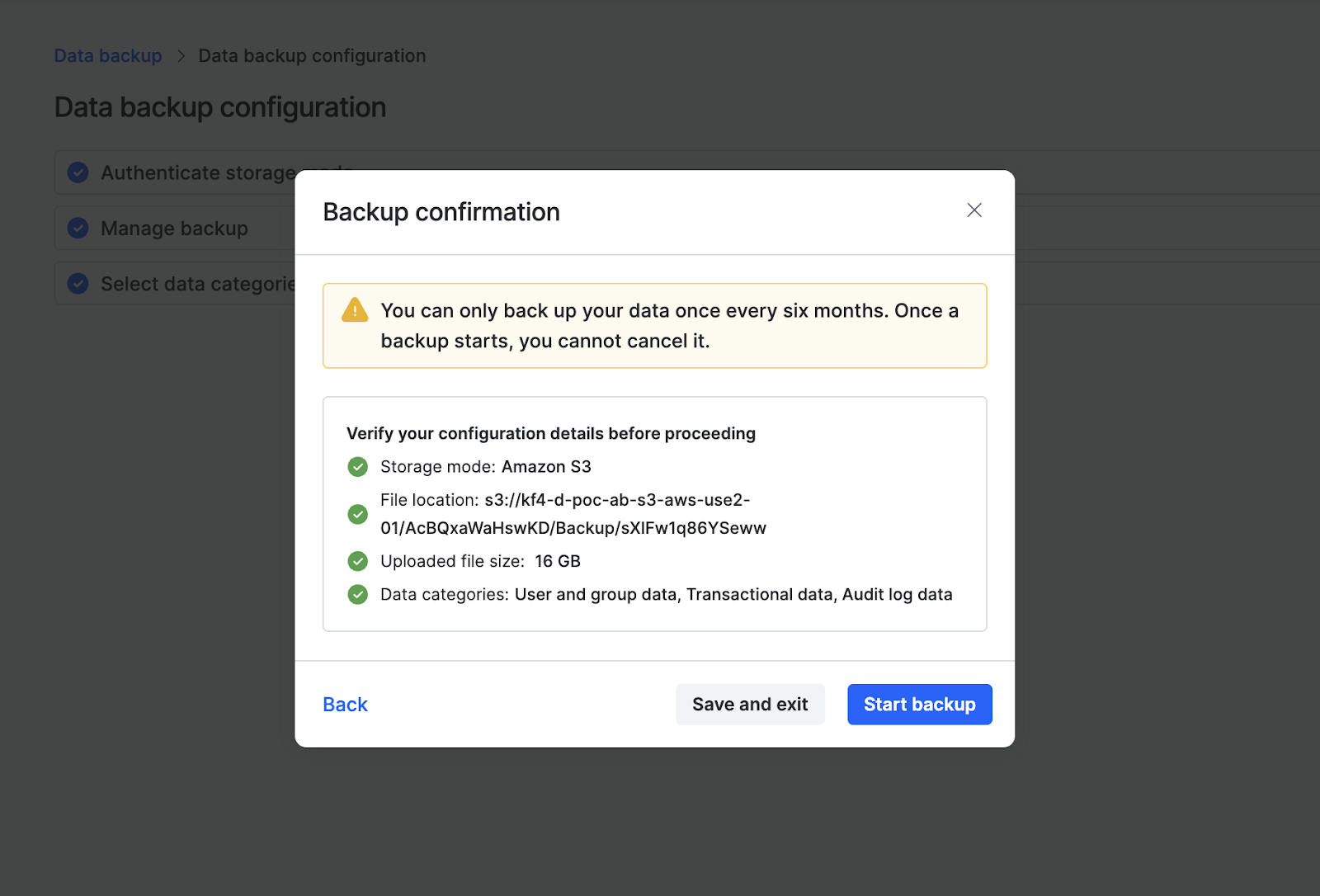 Backup confirmation popup summarizing the configuration before starting the backup