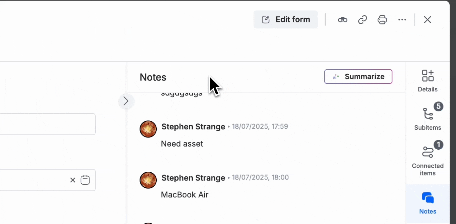 Animation of clicking the Summarize button to generate an AI summary of recent notes