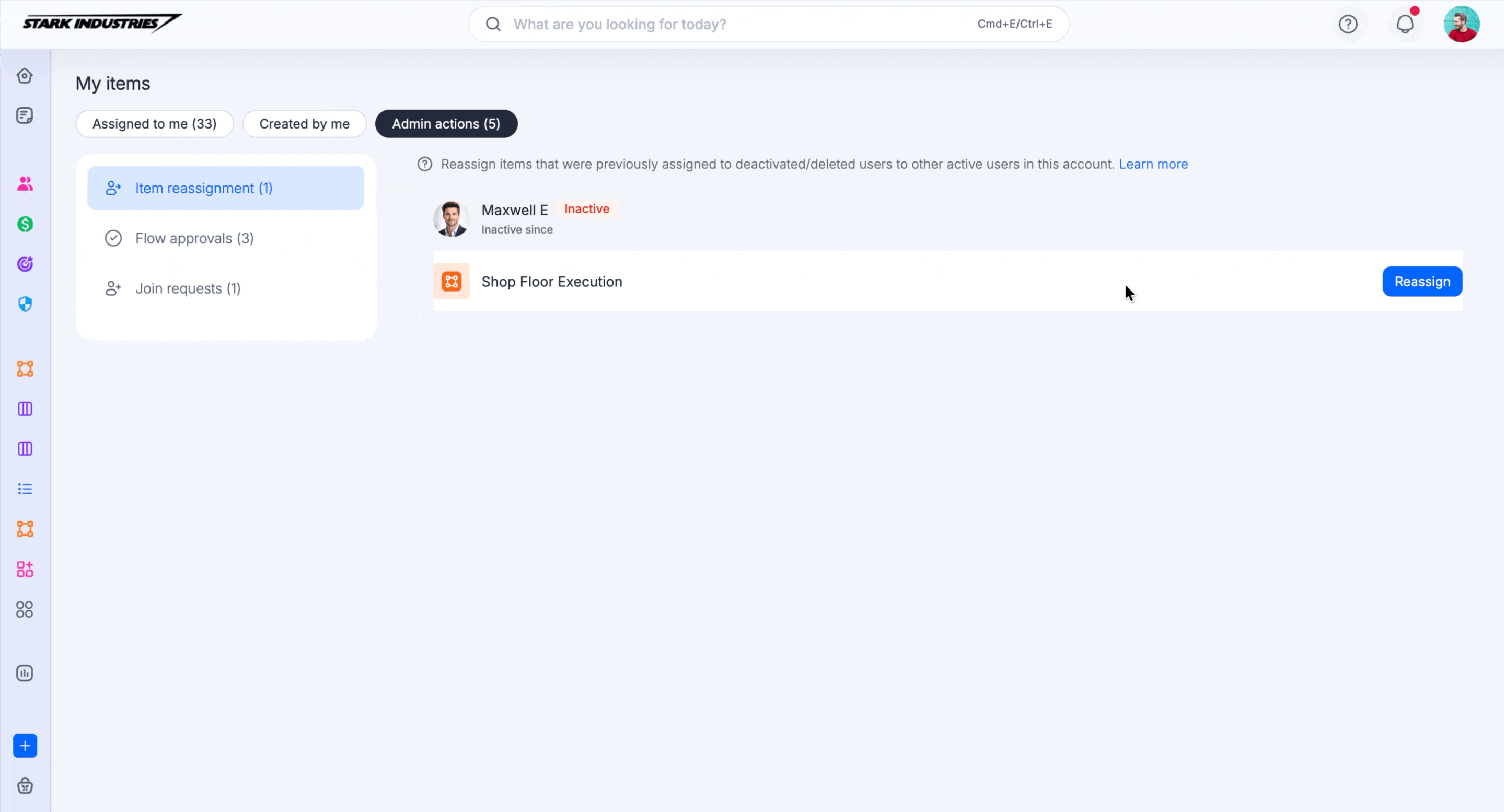 Reassigning an item from the Item reassignment tab