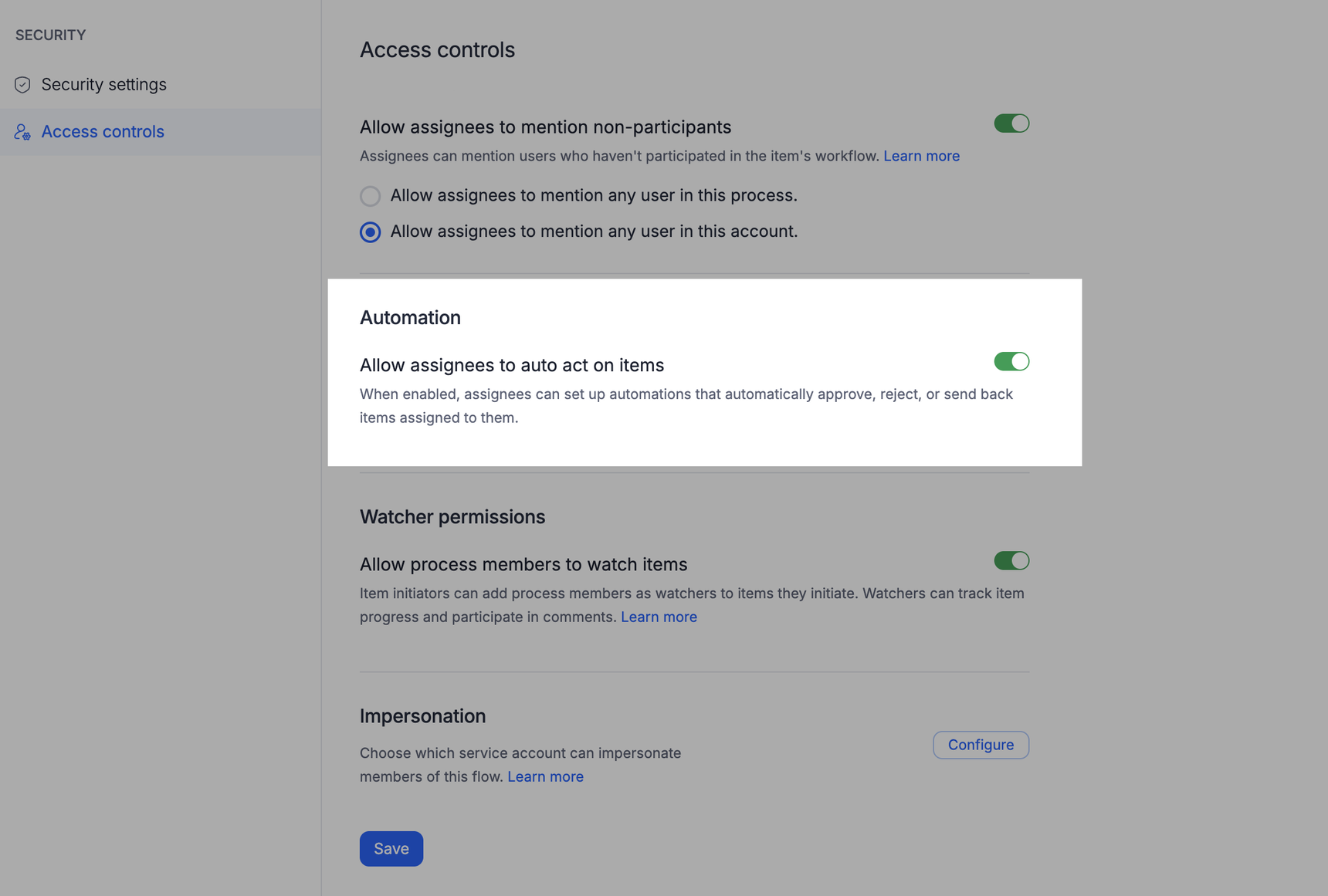 The Automation section of Access controls, with the Allow assignees to auto act on items toggle