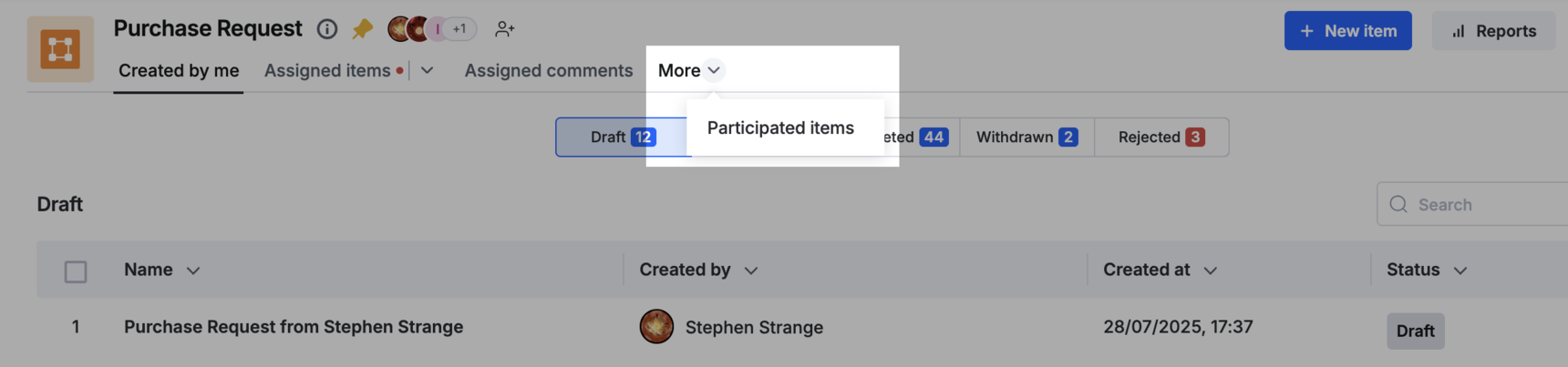 More menu open with Participated items option