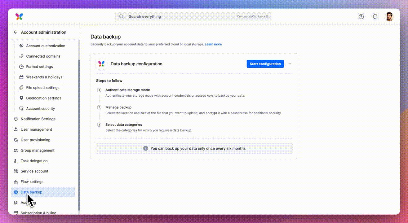 The Data backup page with the Start configuration button, listing the three steps to follow