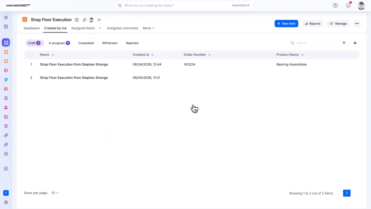 Manage menu open with the Edit process option