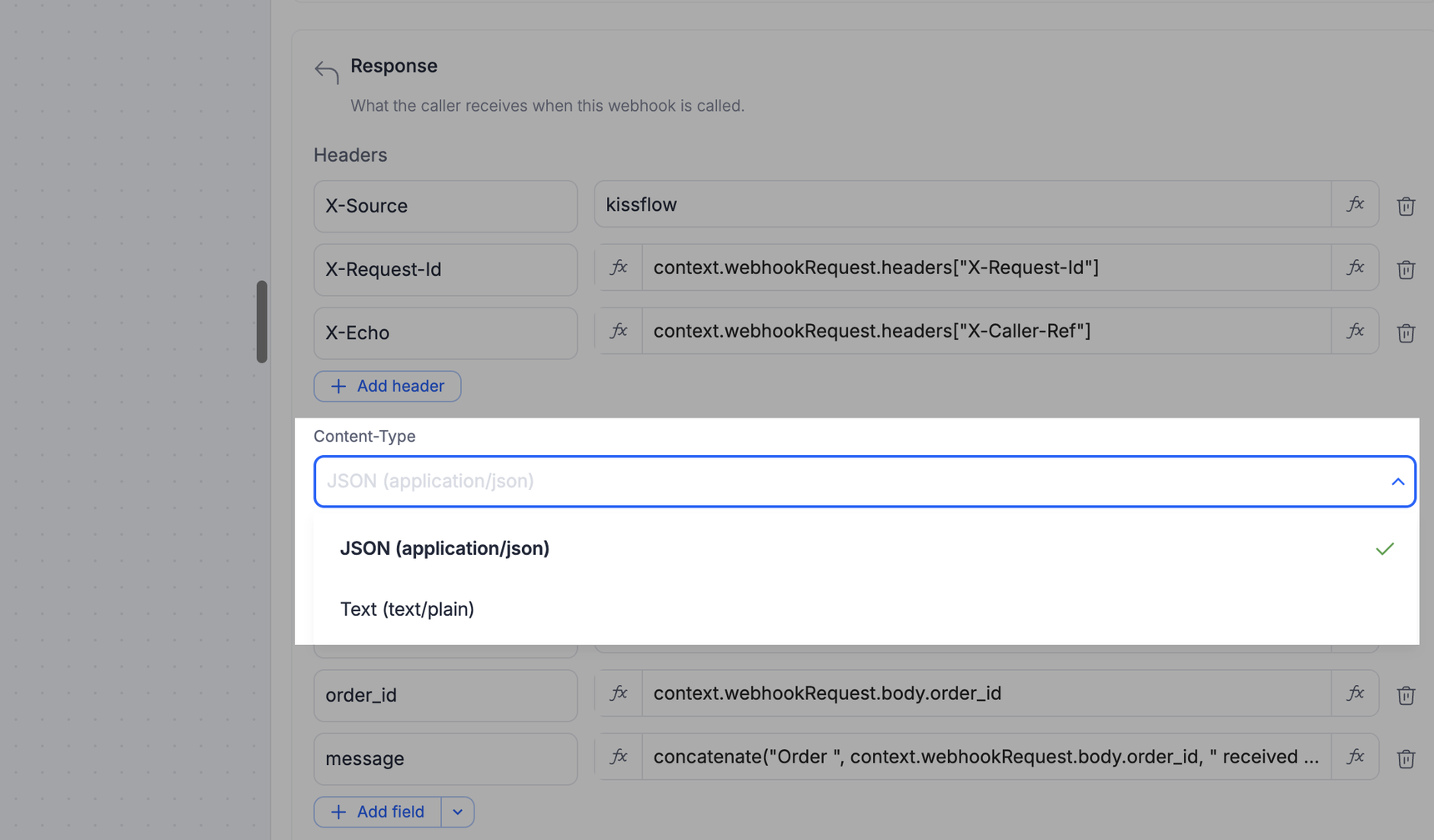 The Content-Type dropdown open, showing the JSON and Text options