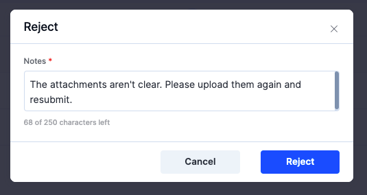 Reject action with a notes field for the selected items